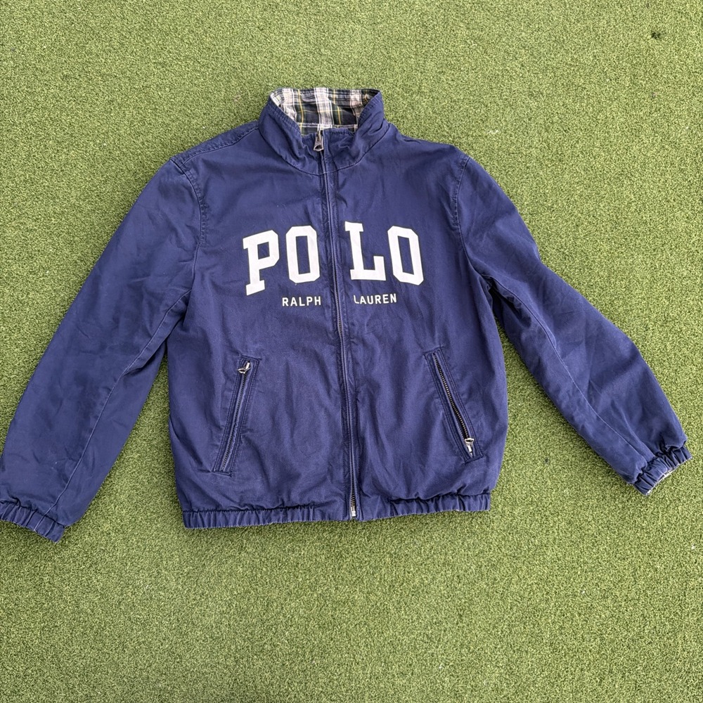 Polo Ralph Lauren Boys Reversible Blue Plaid Bomber Jacket Full Zip 7Y